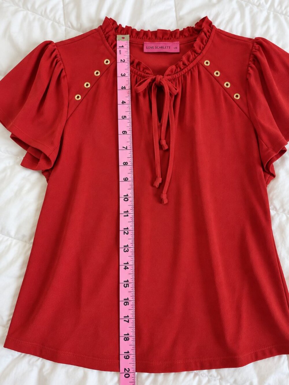 Sun-Dried Tomato Ruffle Tie Neck Blouse Gold Eyelet Short Sleeve Size L/G - Picture 11 of 11